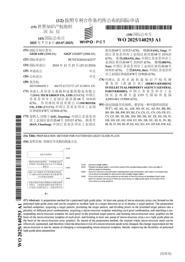 嘉汇优配交易 苏大维格公布国际专利申请: “图案化导光板的制备方法”